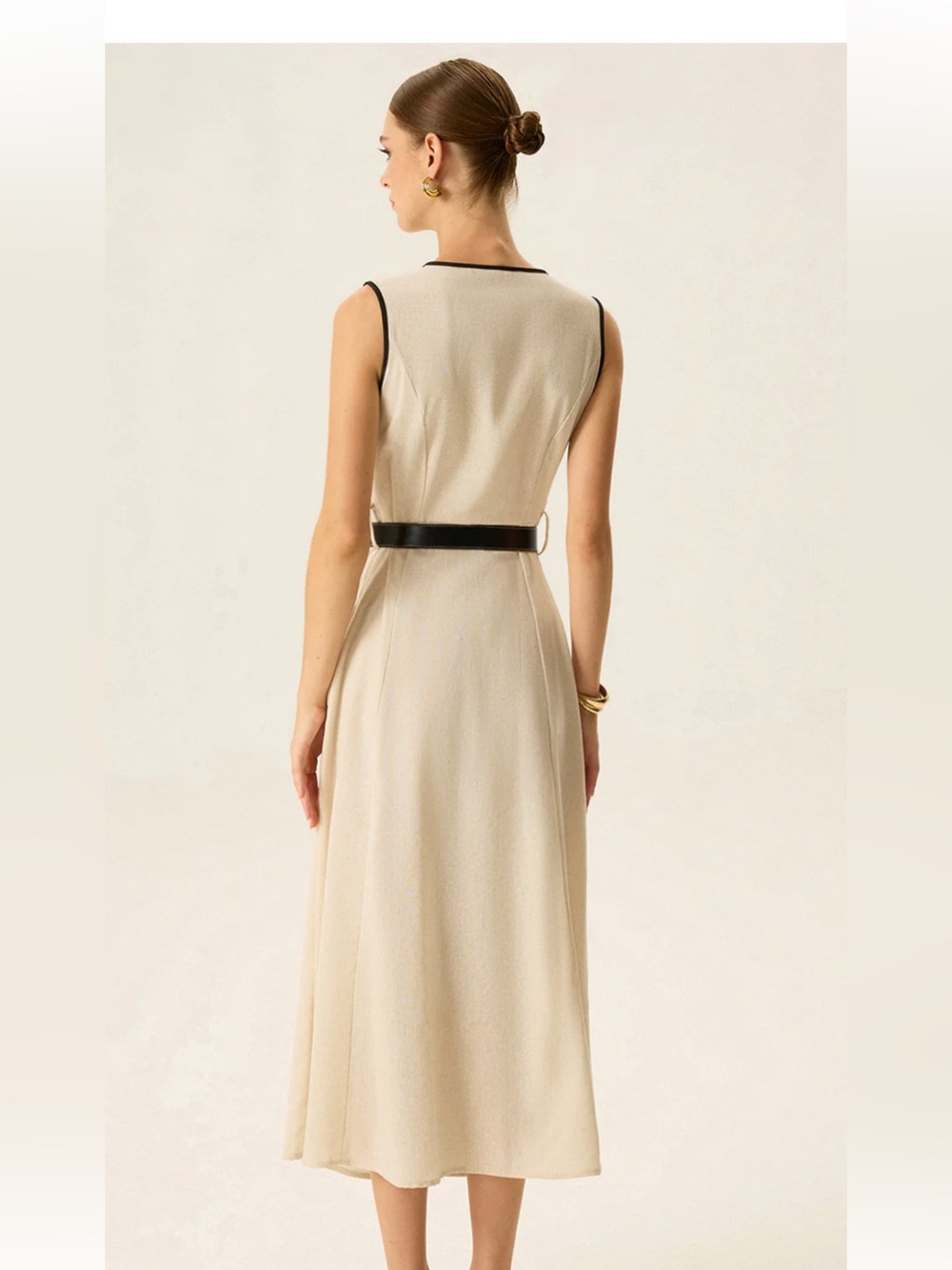 Zara Cream Midi Dress with Black Trim and Belted Detail - Picture 3 of 6